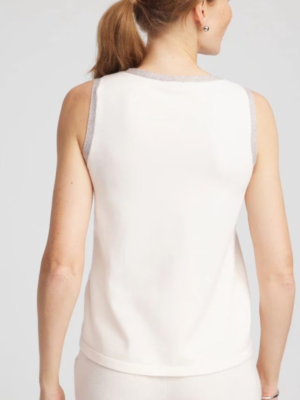 Chico’s white Sleeveless the ultimate tee metallic Silver gold Trim tank top XL - Picture 3 of 14